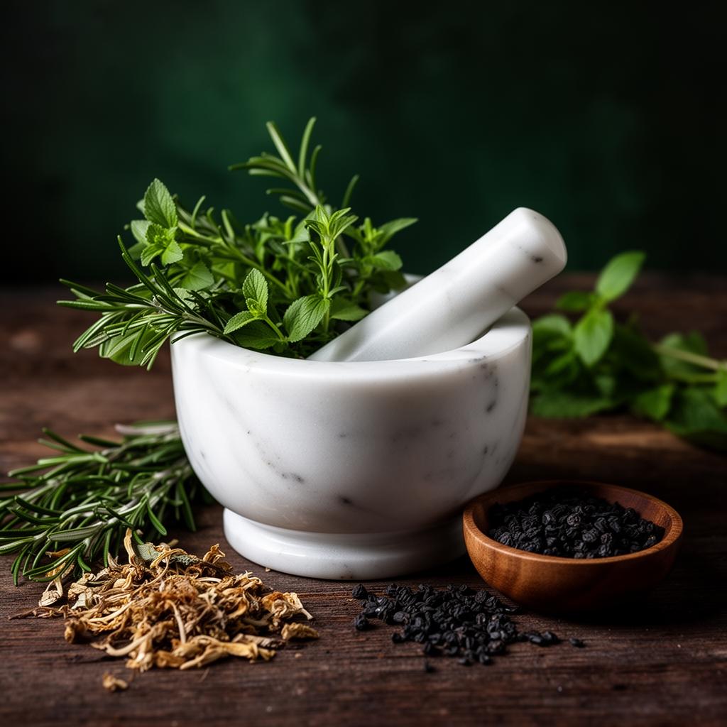Marble mortar and pestle with herbs
